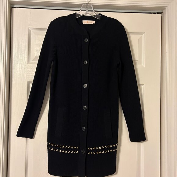 TORY BURCH Harley Sz XS S Navy Blue 100% Wool Turtleneck Long Sweater Coat Set - Picture 4 of 16